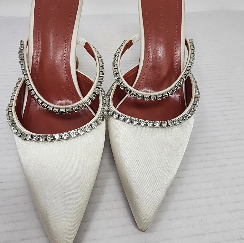 New‎ White Satin Rhinestone Heels Elegant  Mule Stiletto Pumps Wedding Party 7.5 - Picture 4 of 9